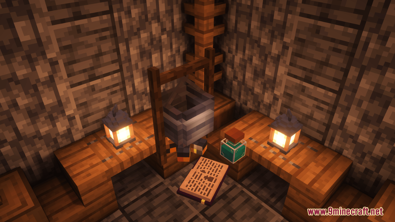 Arcle's Medieval Containers Resource Pack Screenshot 5 A medieval brewing cauldron with a potion bottle and an open book