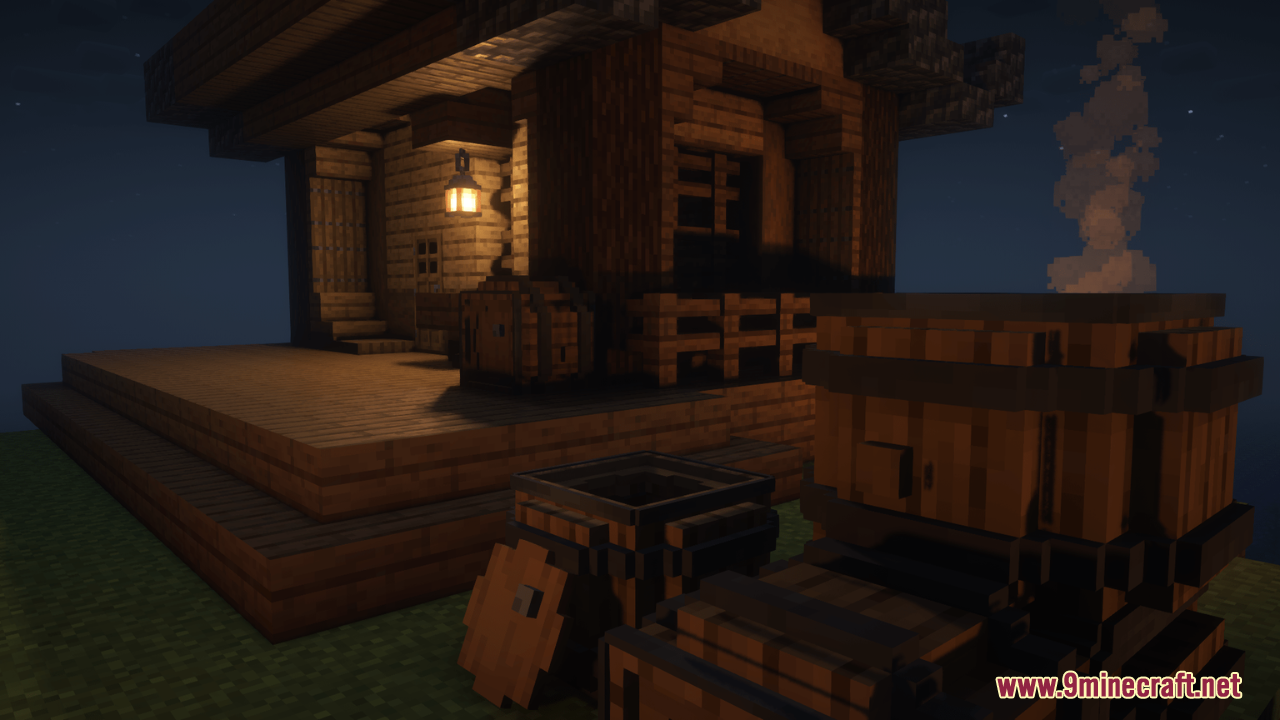 Arcle's Medieval Containers Resource Pack Screenshot 9 A rustic wooden building at night with large barrels and a lantern