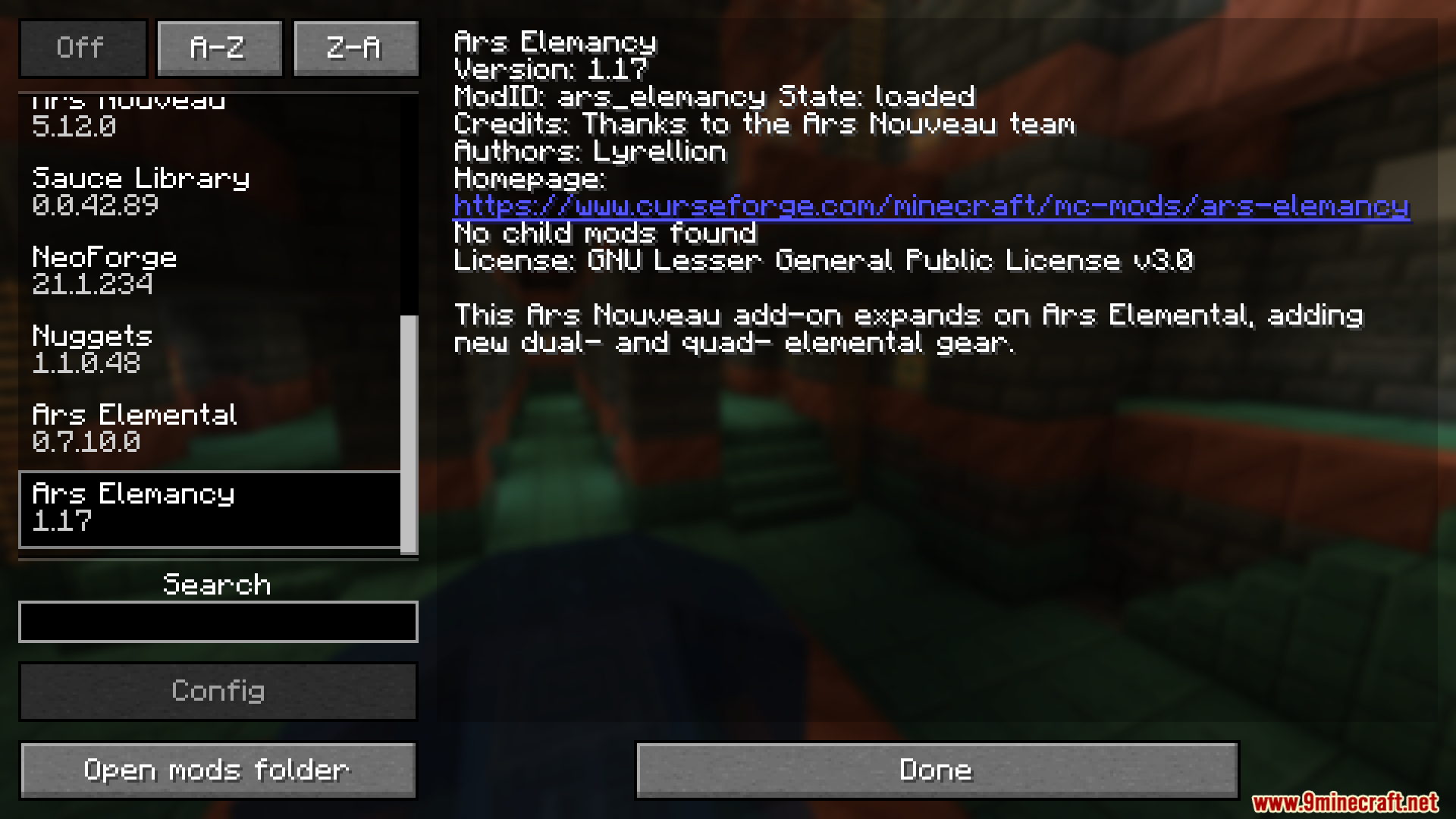 Ars Elemancy Mod Screenshot 1 Minecraft mod menu displaying version and description for the Ars Elemancy addon