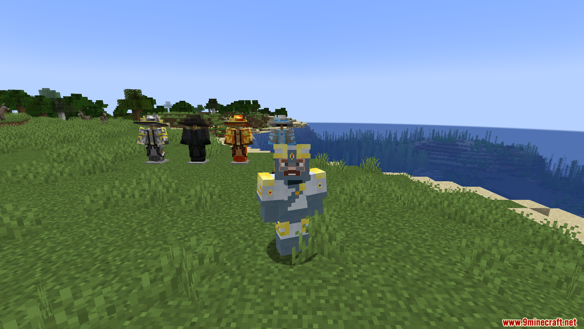 Ars Elemancy Mod Screenshot 10 A player wearing light blue magical armor stands near various armor stands