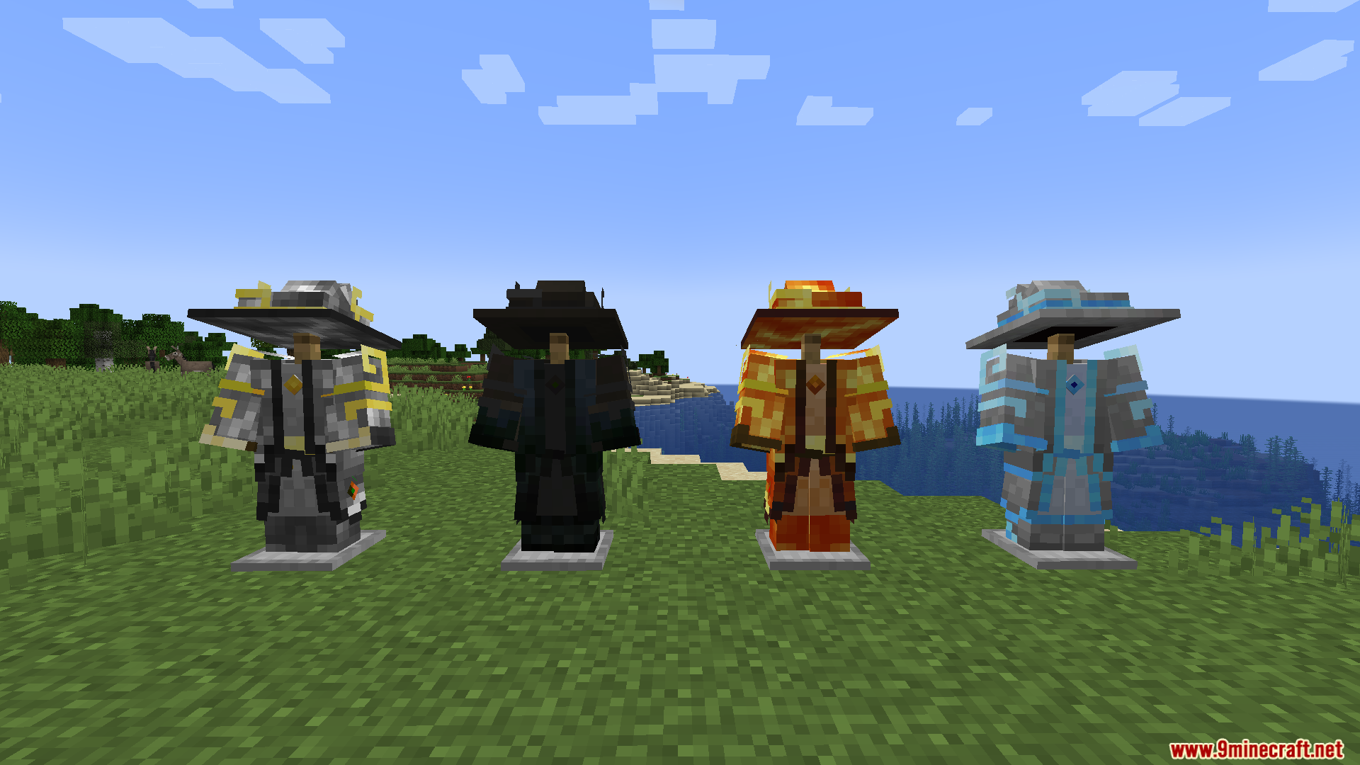 Ars Elemancy Mod Screenshot 3 Four sets of colorful elemental wizard armor displayed on armor stands outdoors
