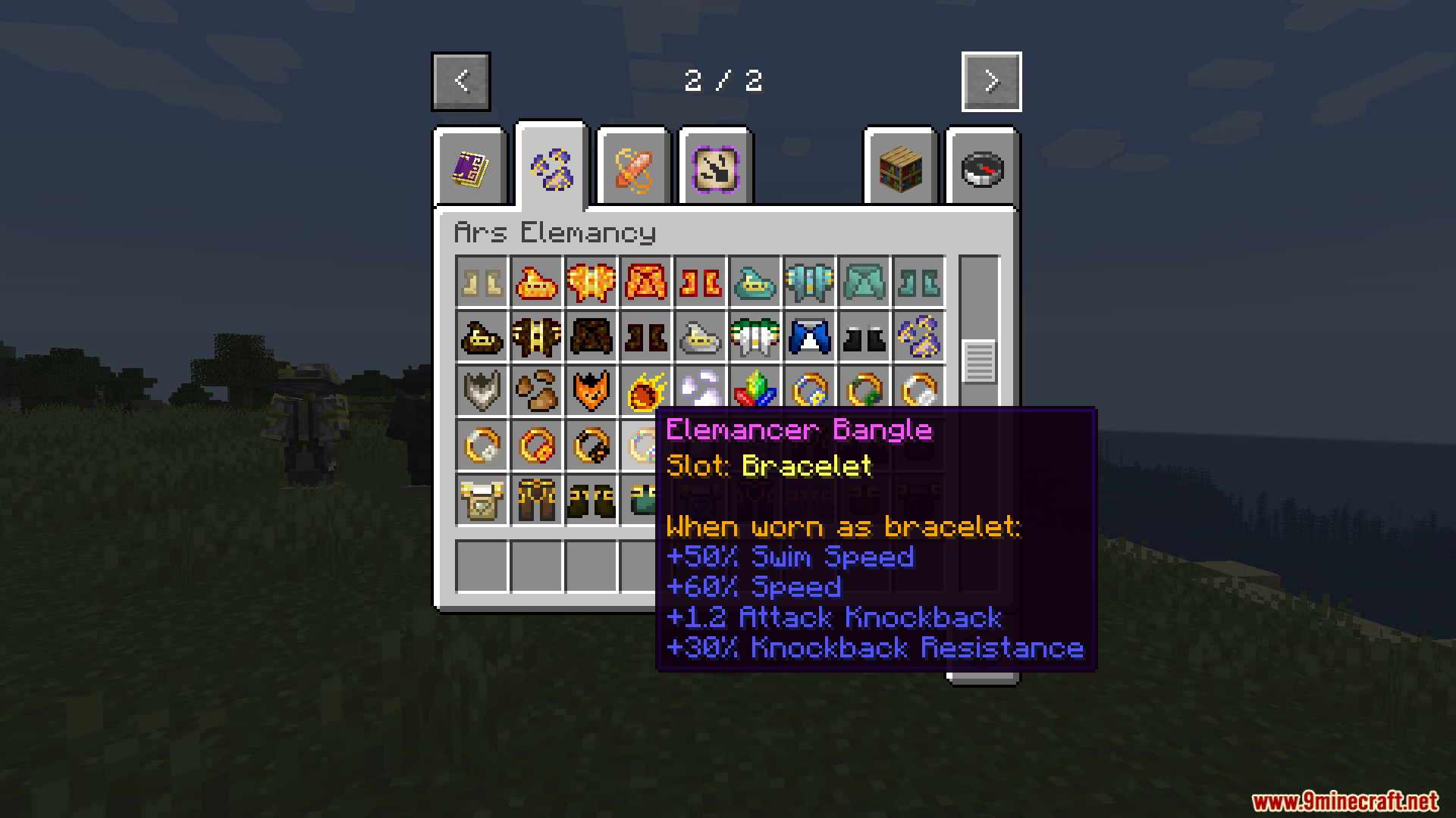 Ars Elemancy Mod Screenshot 4 Inventory screen showing various magical items and the Elemancer Bangle accessory