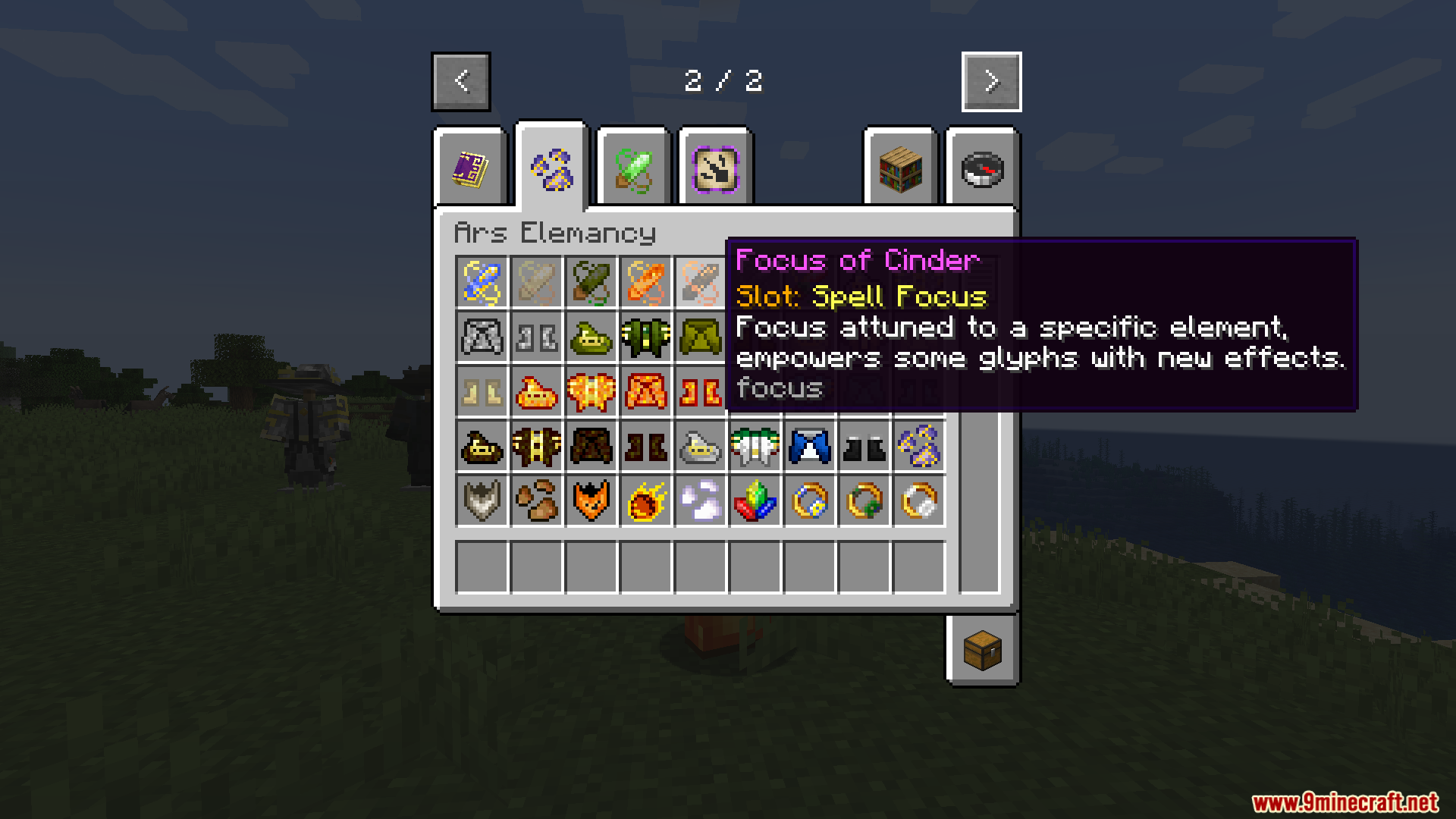 Ars Elemancy Mod Screenshot 6 Player hovering over a Focus of Cinder item in the magic inventory