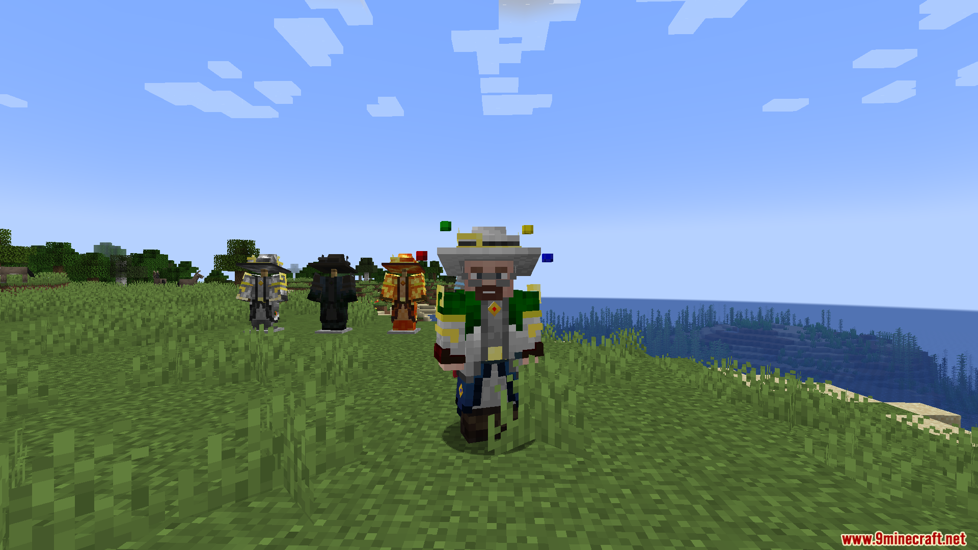 Ars Elemancy Mod Screenshot 9 A player wearing green wizard armor stands near several colorful armor sets