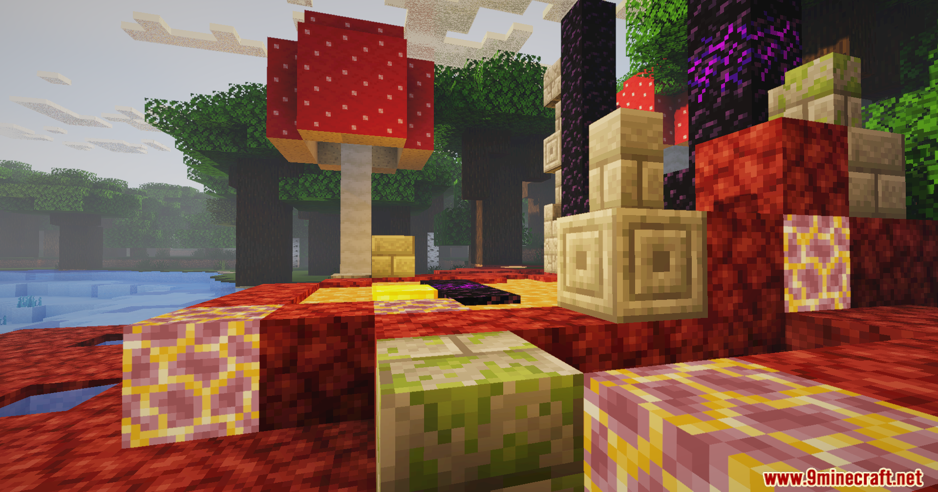 Ruined portal with netherrack and crying obsidian blocks near a giant red mushroom