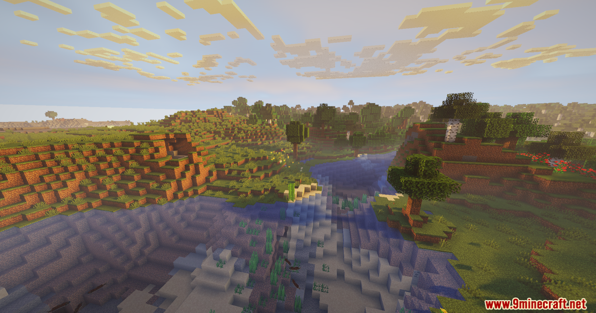 A beautiful landscape with a river and green hills under volumetric clouds