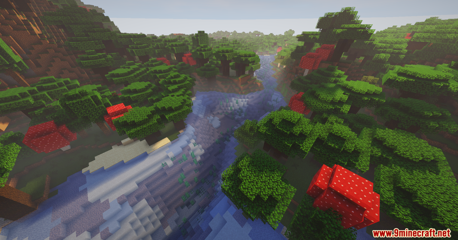 AuraLite Shaders showcasing a scenic river flowing through a dark oak forest