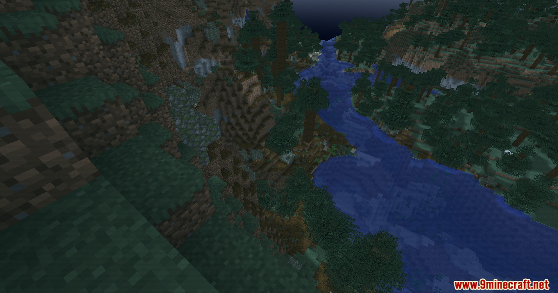 A river flows through a dark spruce forest under a teal night sky