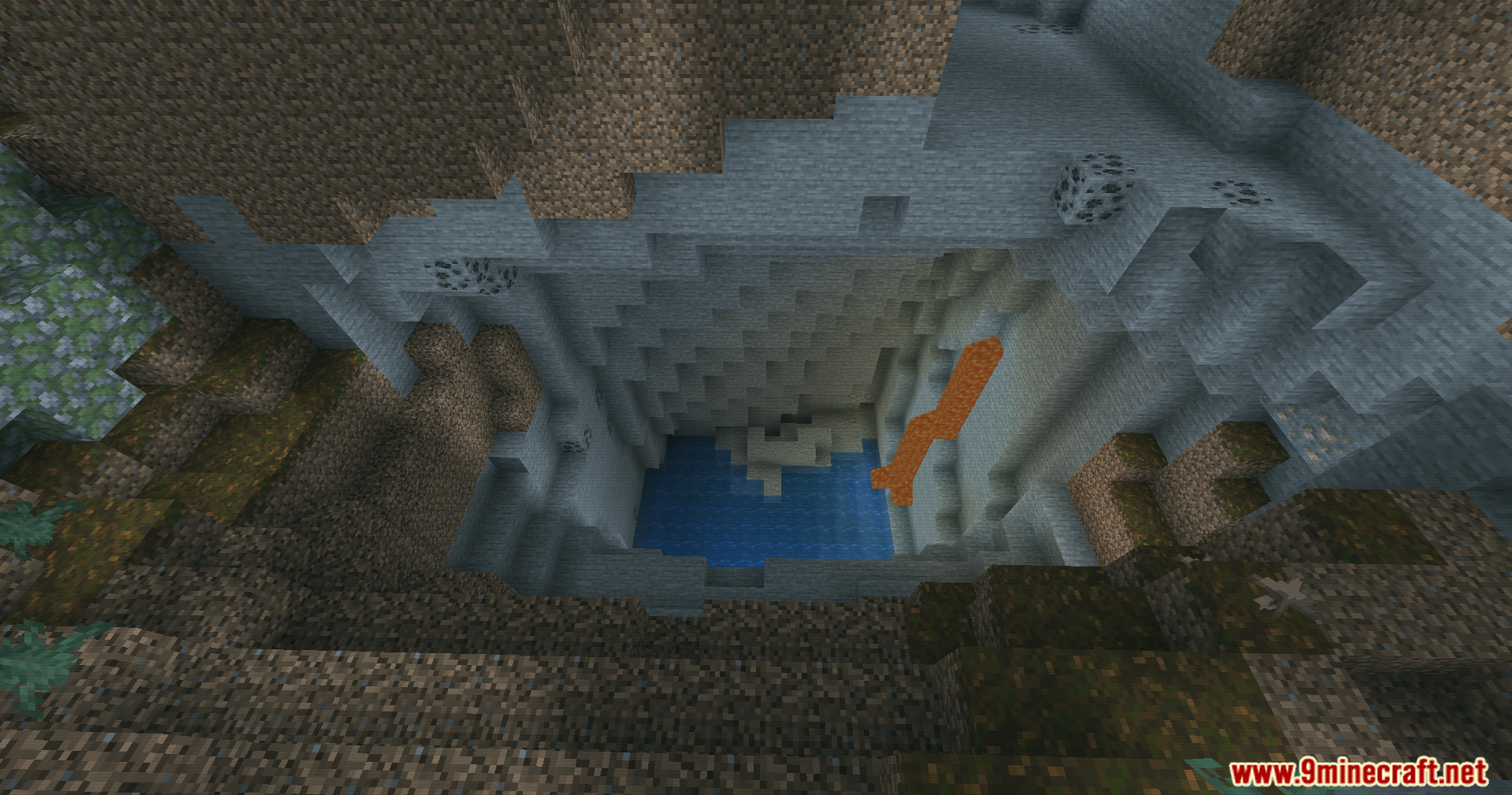 A deep Minecraft cavern featuring a water pool and a flowing lava stream