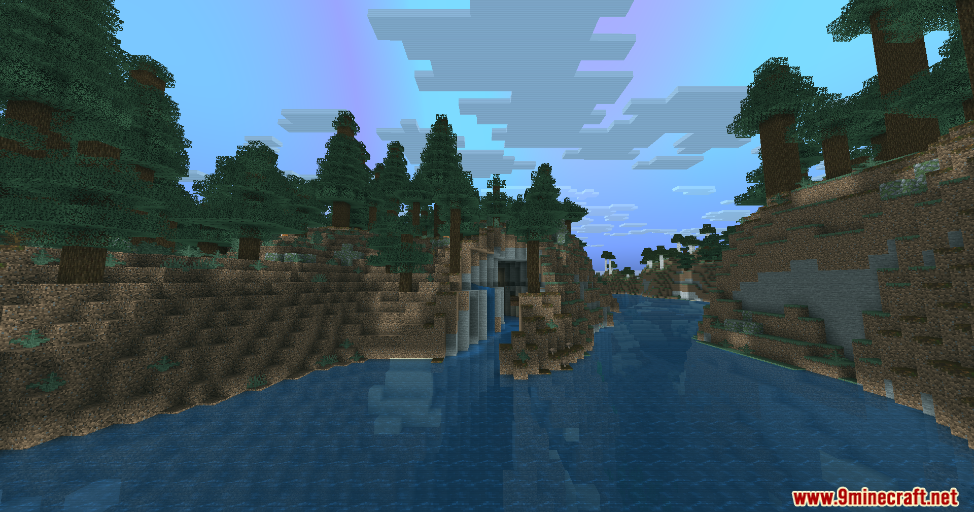 Scenic river landscape with spruce trees under a vibrant procedural aurora sky