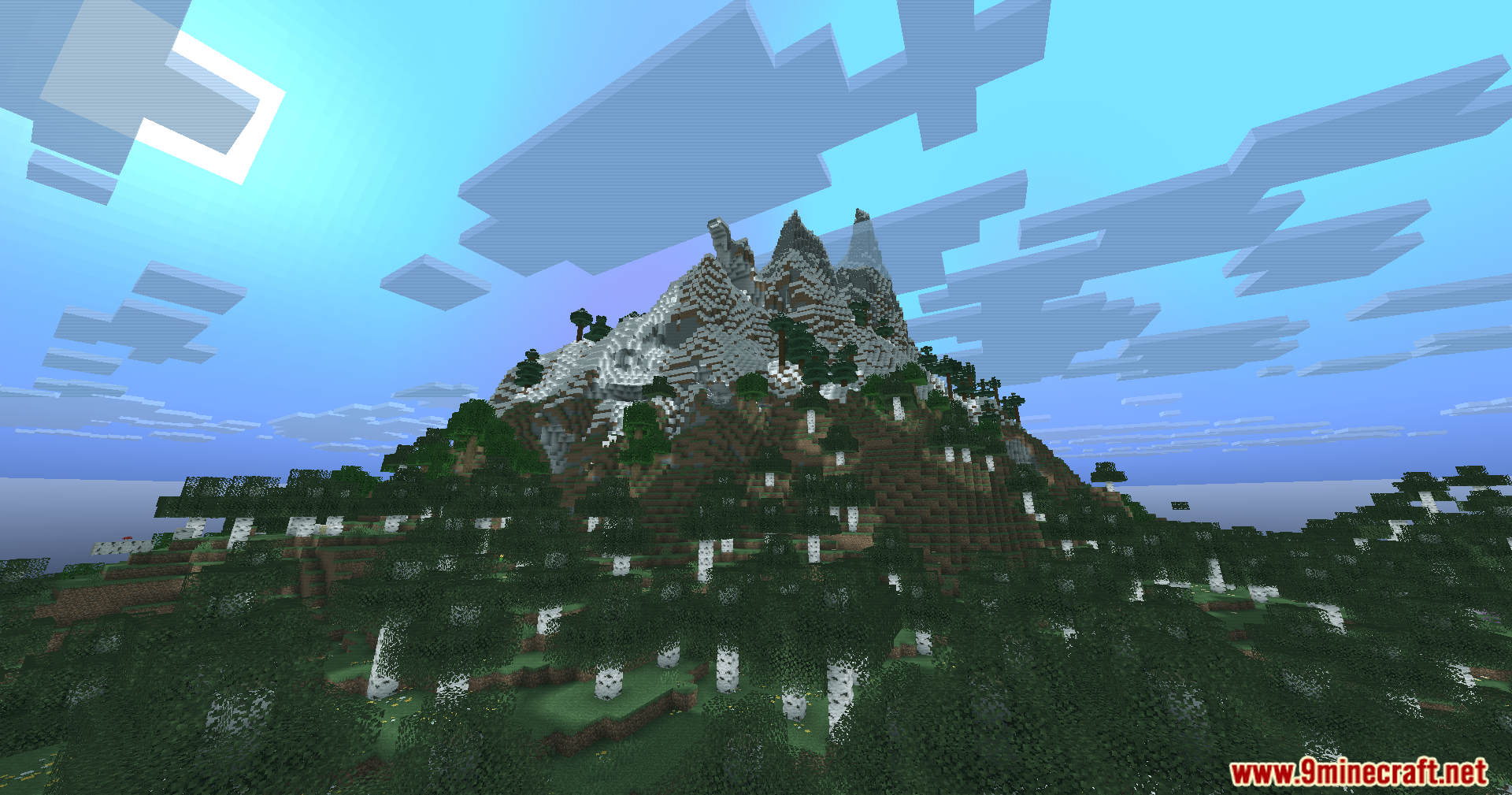 A snowy mountain peak rises above a dense birch forest under a teal sky