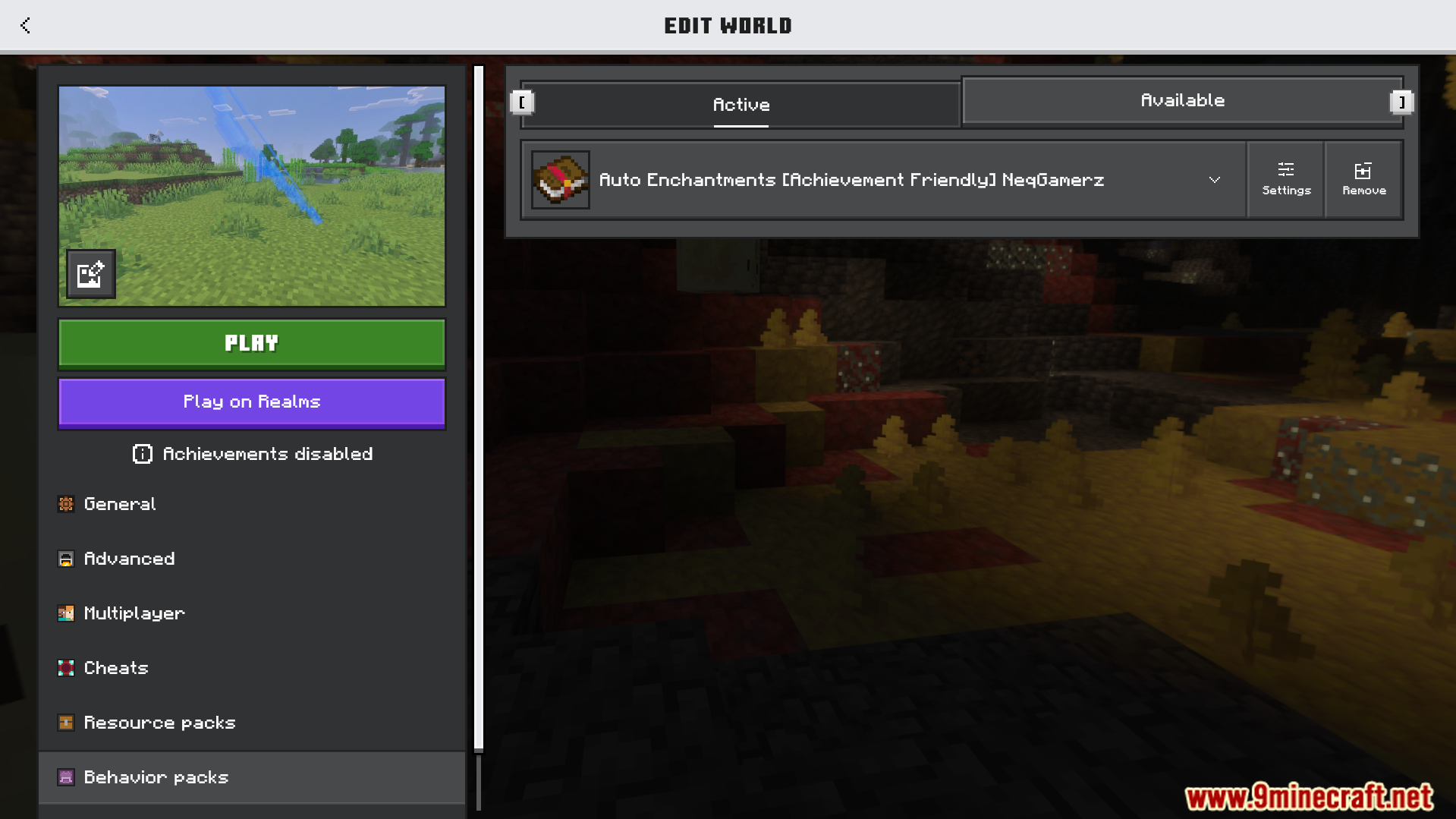 Minecraft world settings menu showing the Auto Enchantments behavior pack enabled
