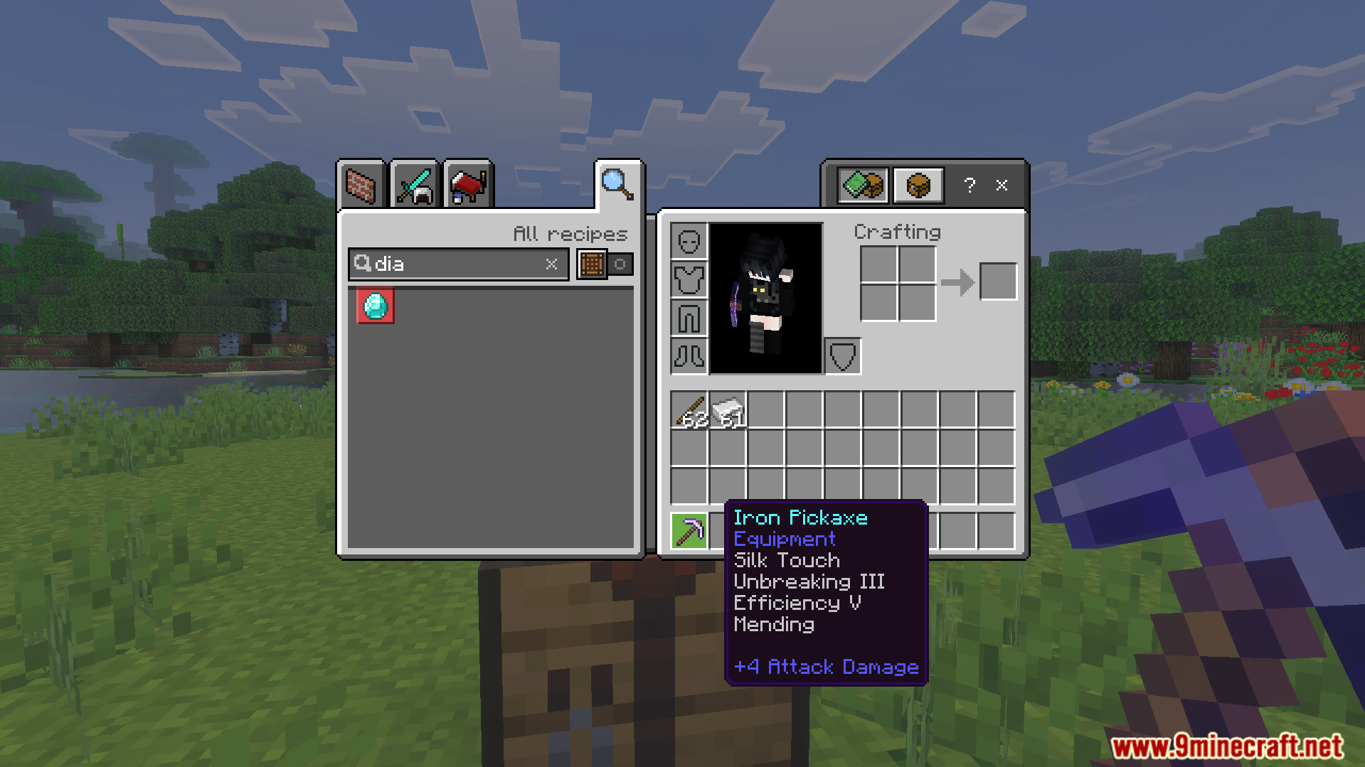 Inventory UI showing an iron pickaxe with enchantments from Auto Enchant Addon