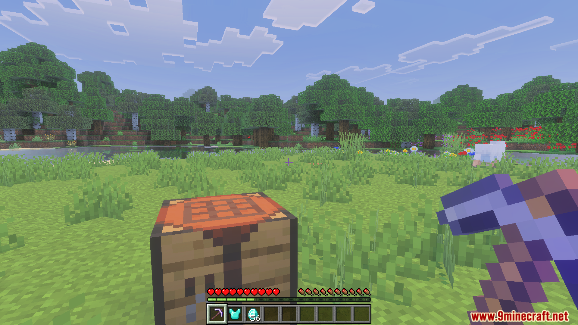 Player holding an enchanted tool while standing near a crafting table outdoors