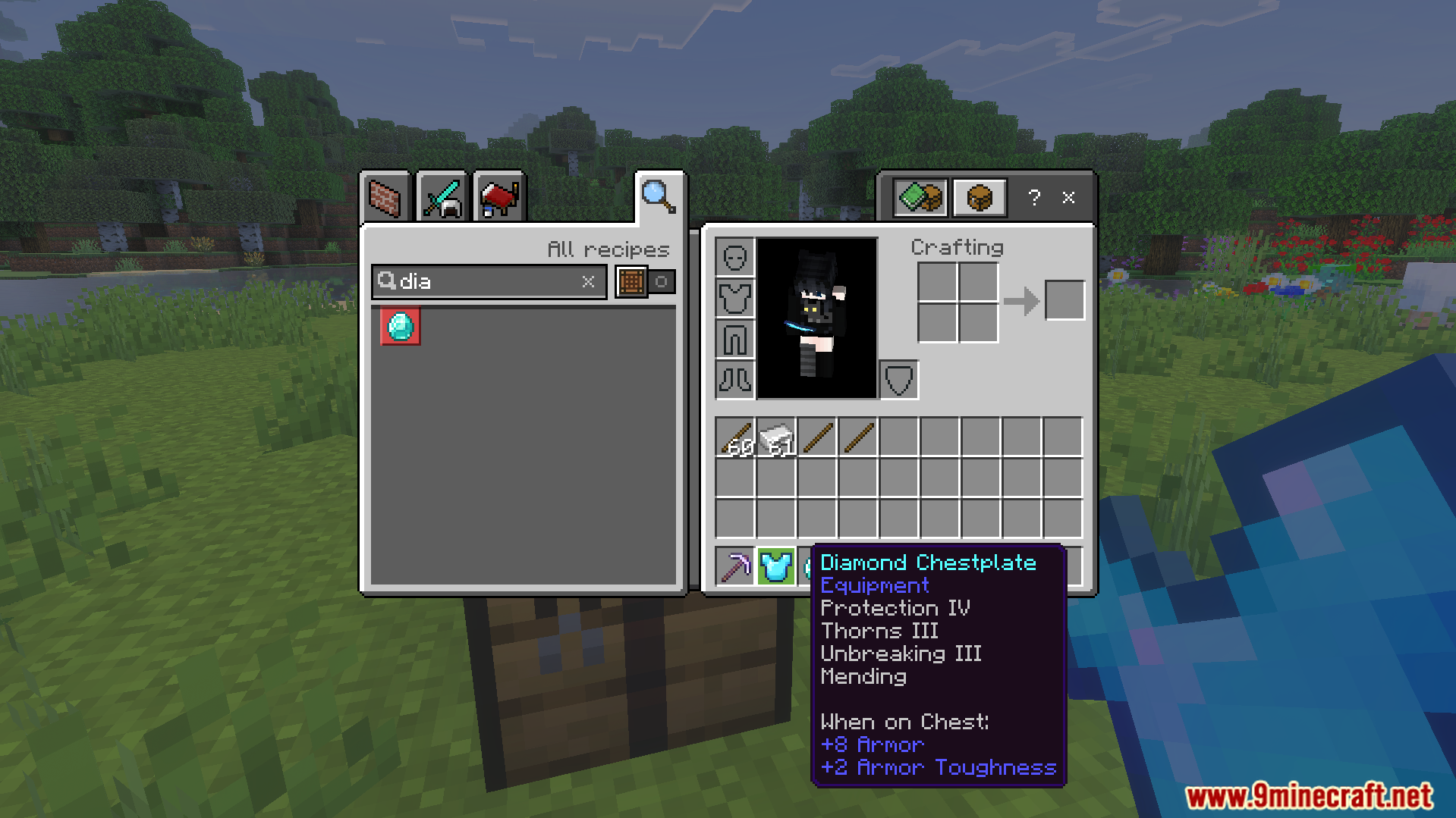 Open inventory showing a diamond chestplate with various enchantments from Auto Enchant Addon