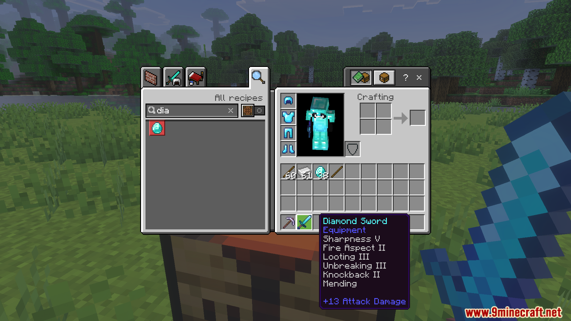 Inventory screen displaying a diamond sword with multiple high level enchantments already applied