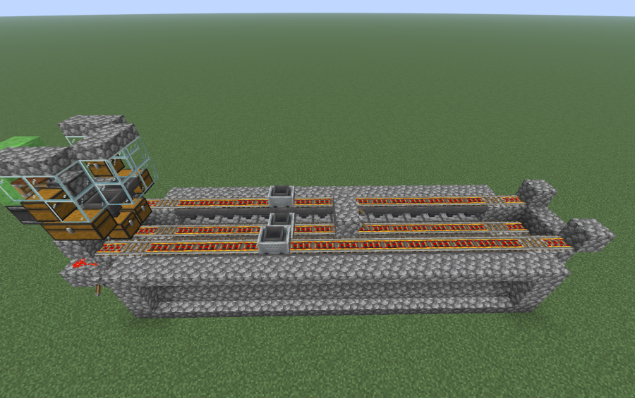 Autosmelter Carpet Dupe Schematic Screenshots 2 Full view of the autosmelter carpet dupe machine with minecarts on rails
