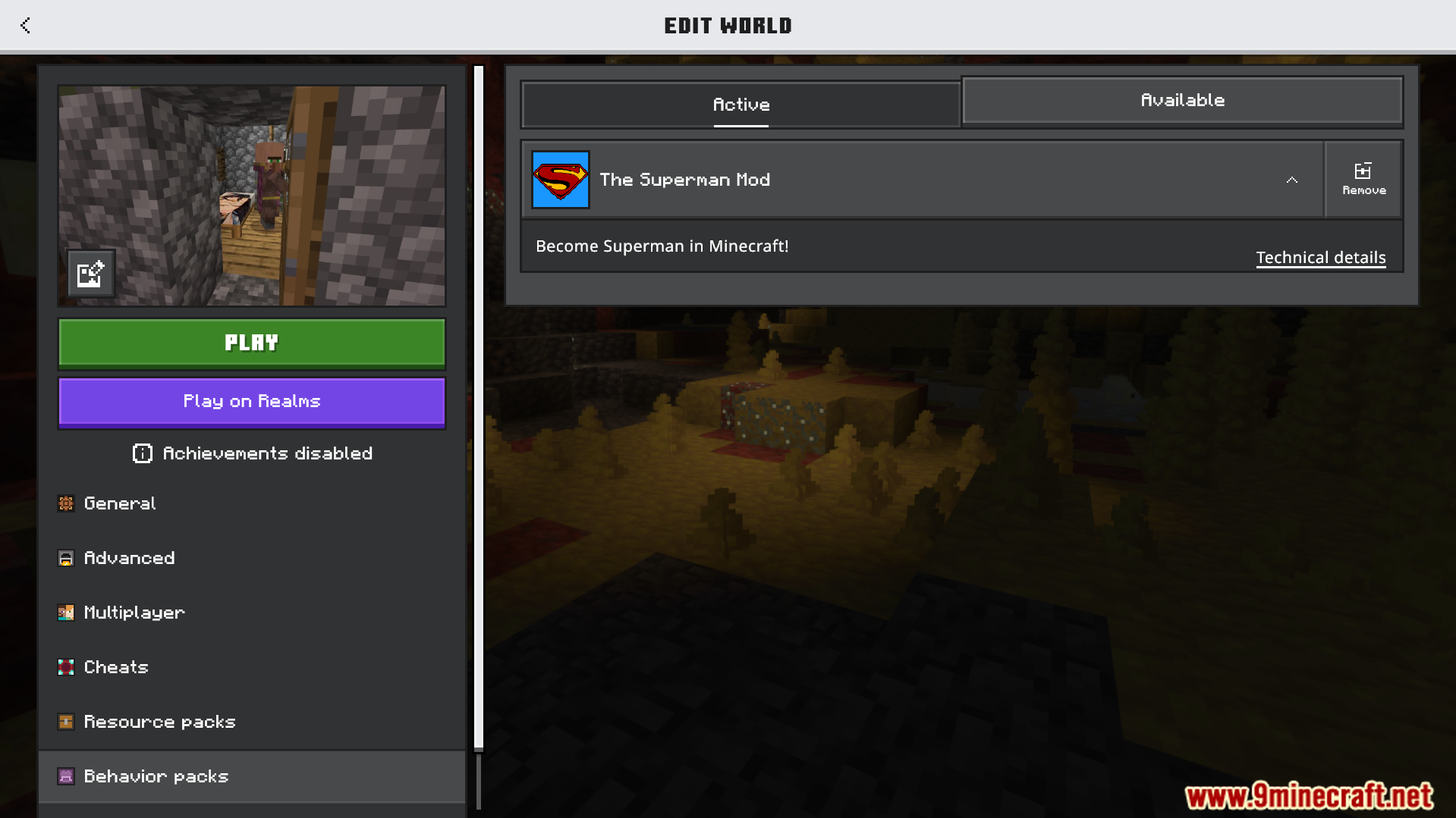 Avras Heroes Superman Addon Screenshot 1 The world edit screen showing the active Superman mod behavior pack
