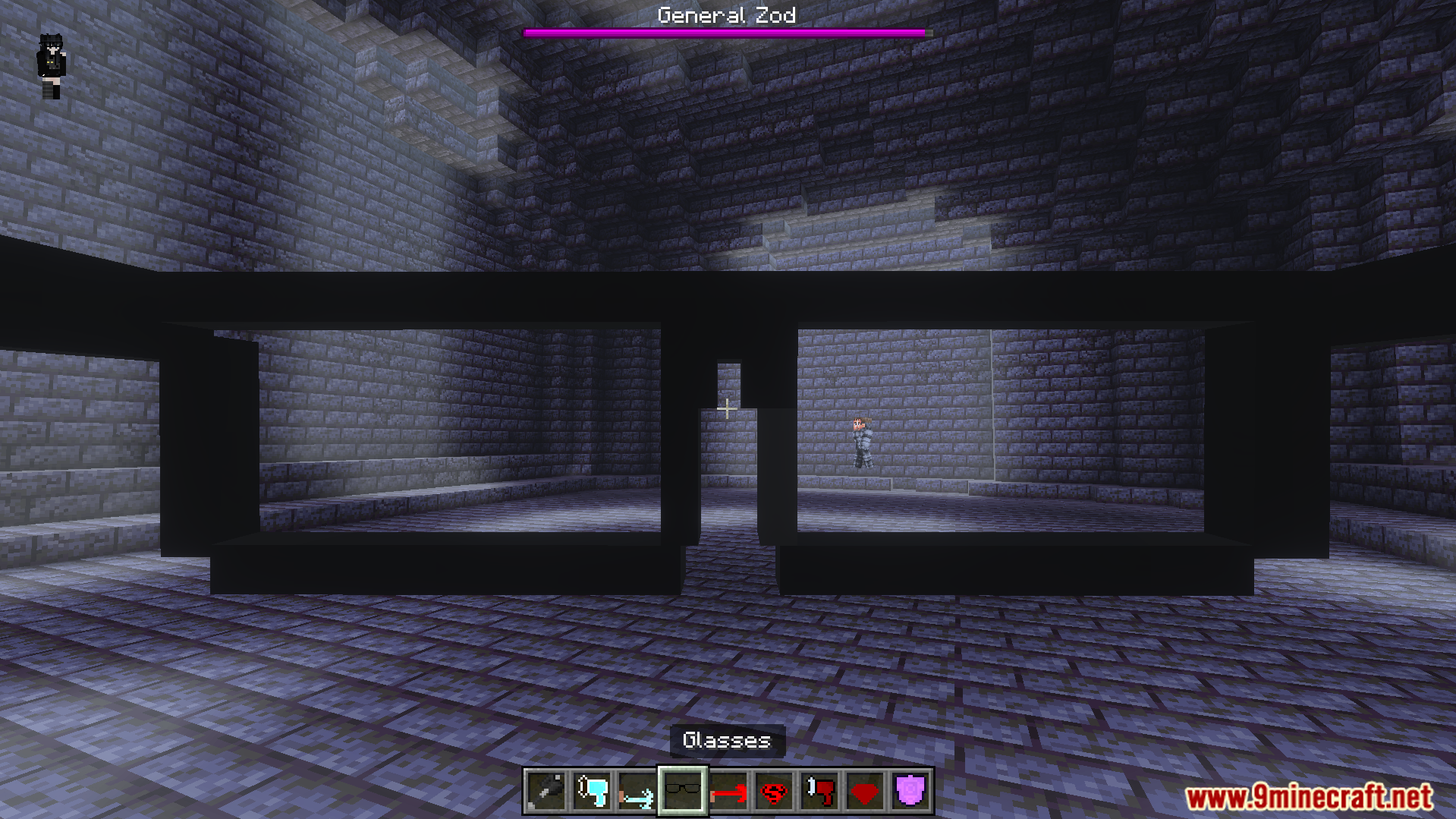 Avras Heroes Superman Addon Screenshot 5 Player wearing glasses while facing the General Zod boss in a stone room