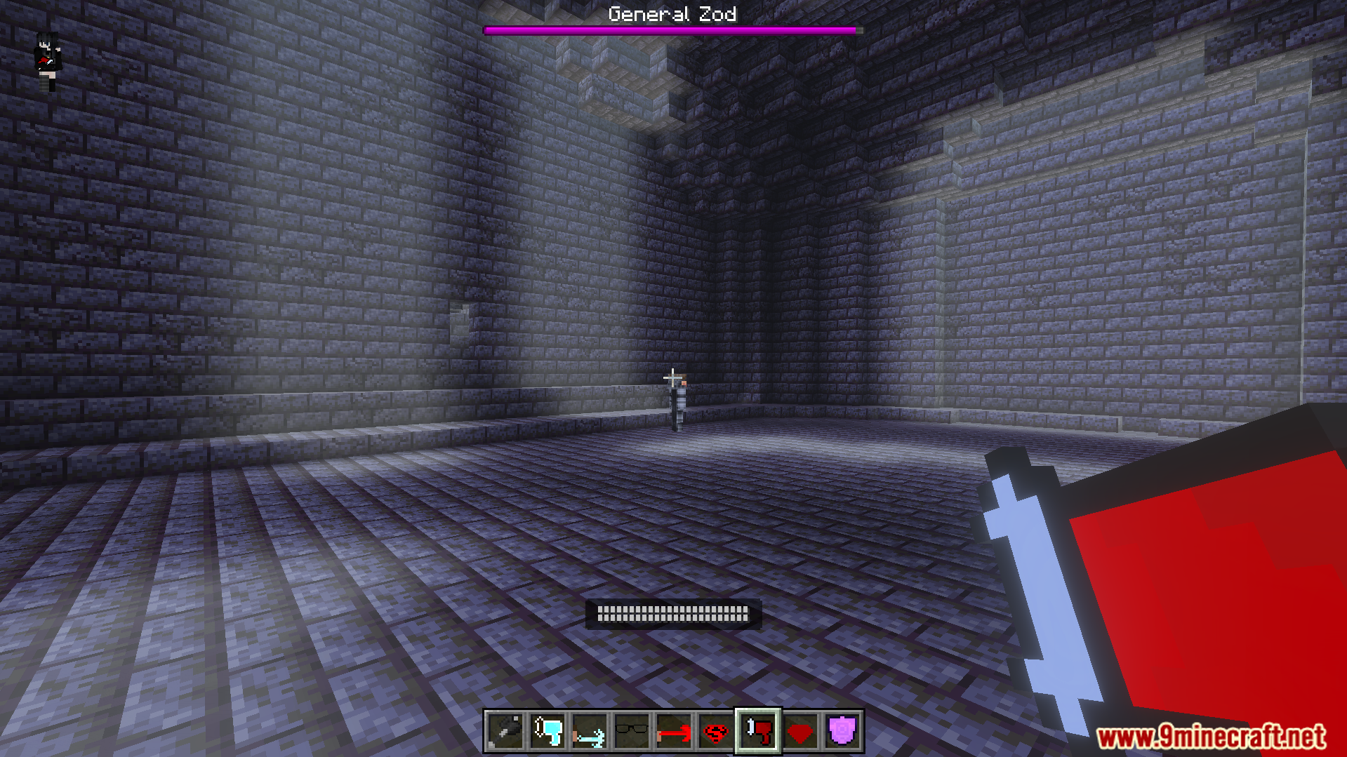 Avras Heroes Superman Addon Screenshot 6 Player holding a red power item while facing General Zod in stone chamber