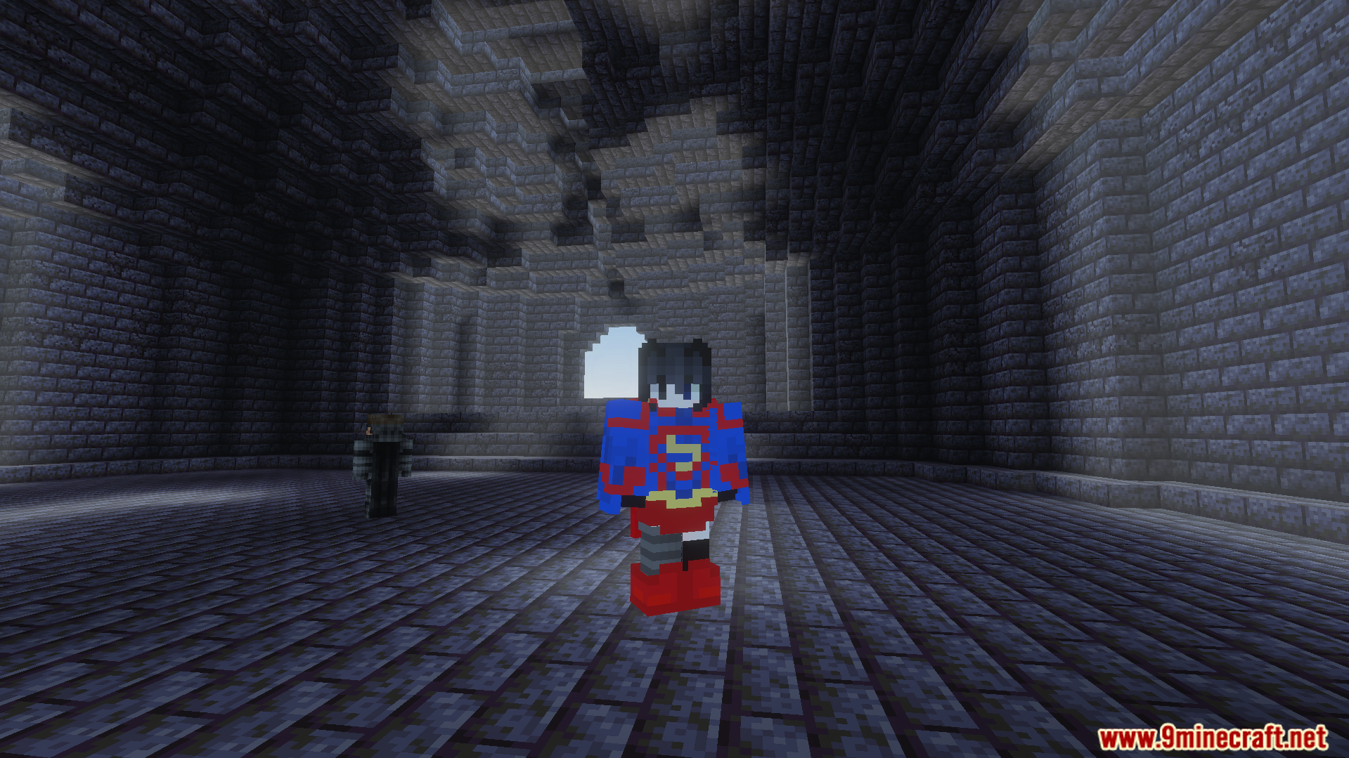Avras Heroes Superman Addon Screenshot 7 Player wearing Avras Heroes Superman suit standing inside a large stone brick room