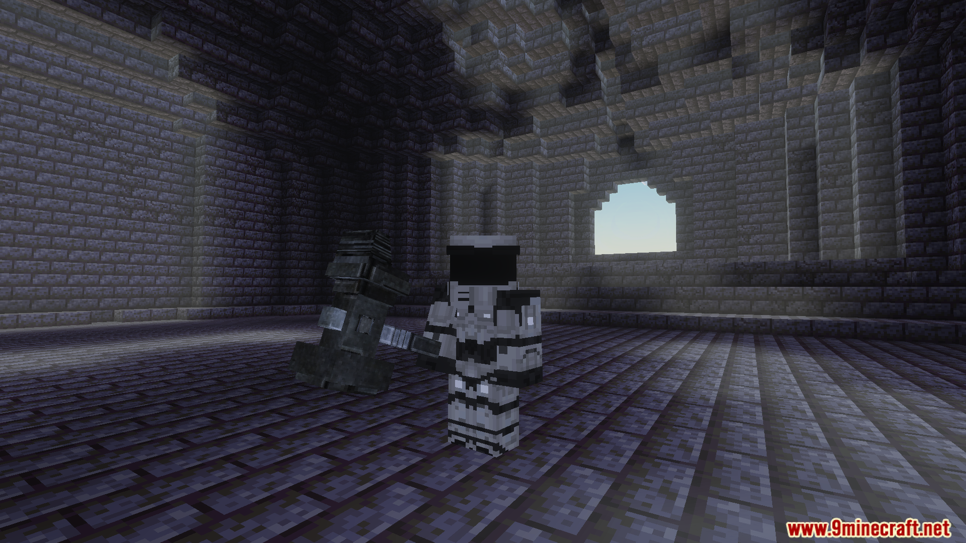 Avras Heroes Superman Addon Screenshot 8 Minecraft character holding a large kinetic hammer in a stone brick room