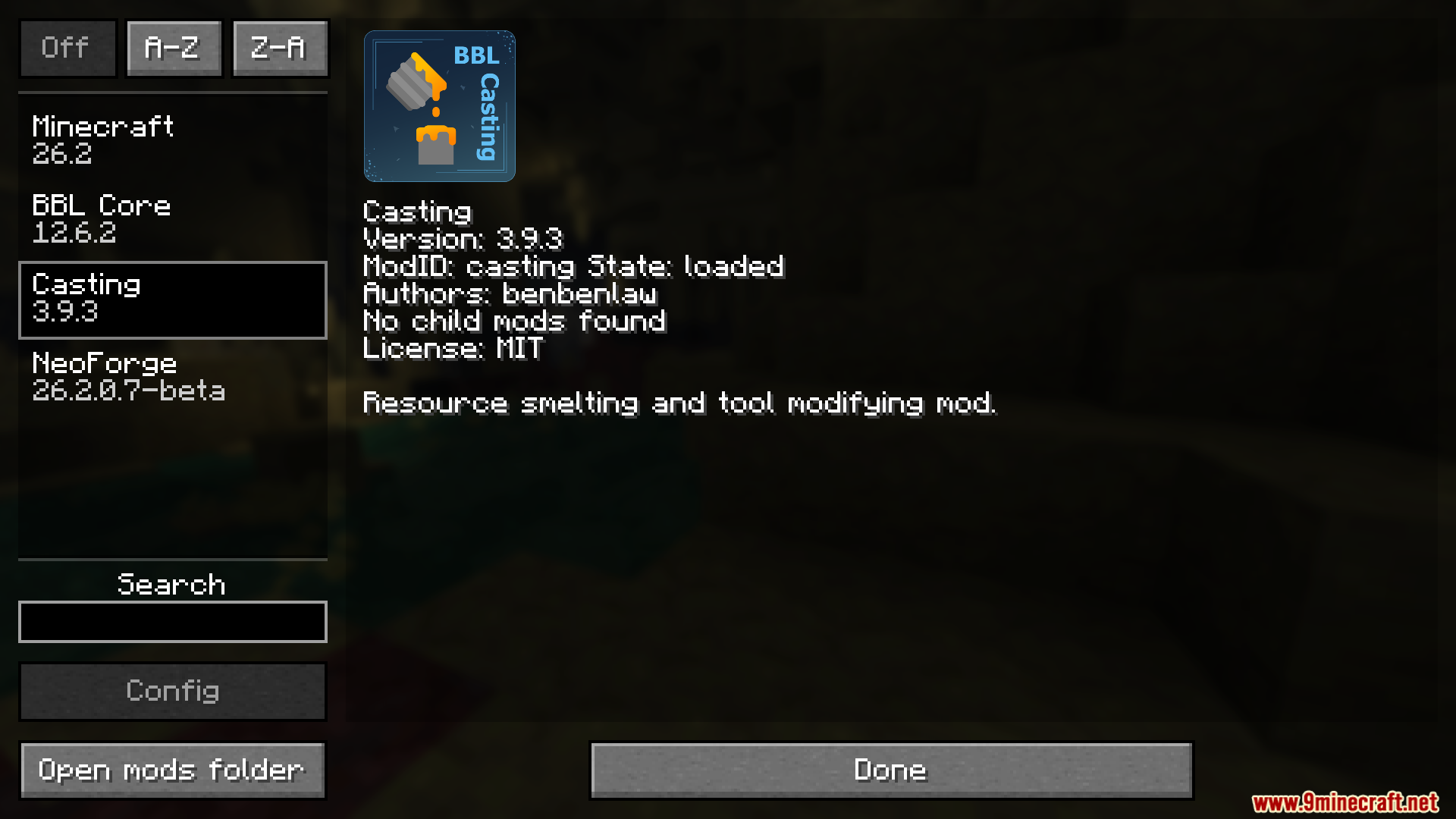 Mod menu showing details for the Casting resource smelting and tool mod
