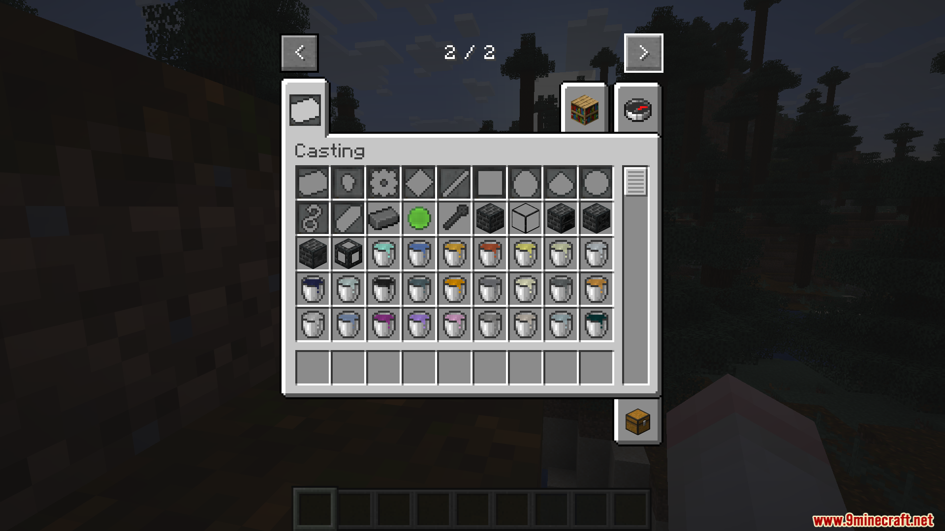 Inventory screen displaying buckets of liquid metal and various tool casting molds