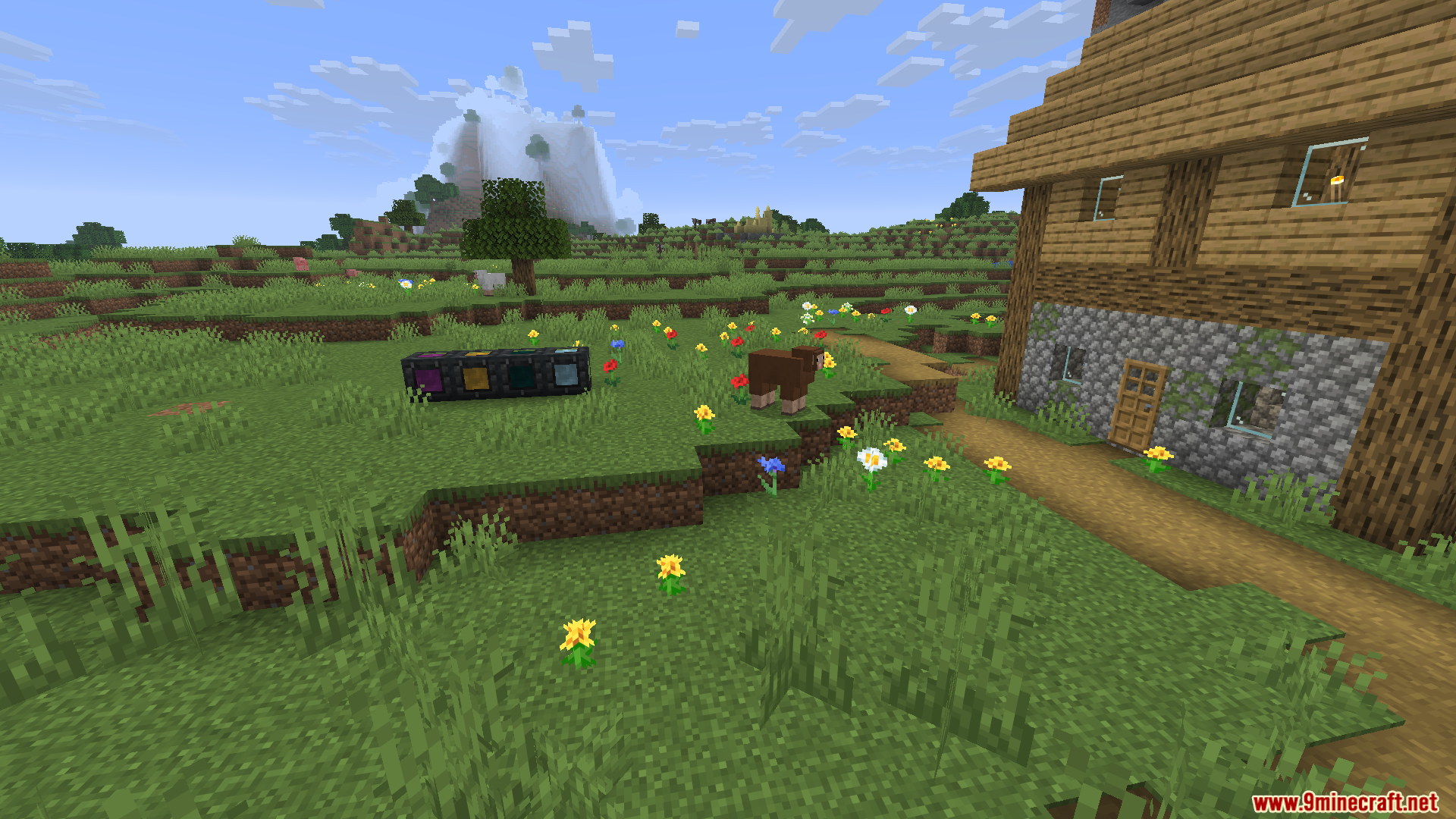 A brown sheep walks past modded blocks near a wooden village house