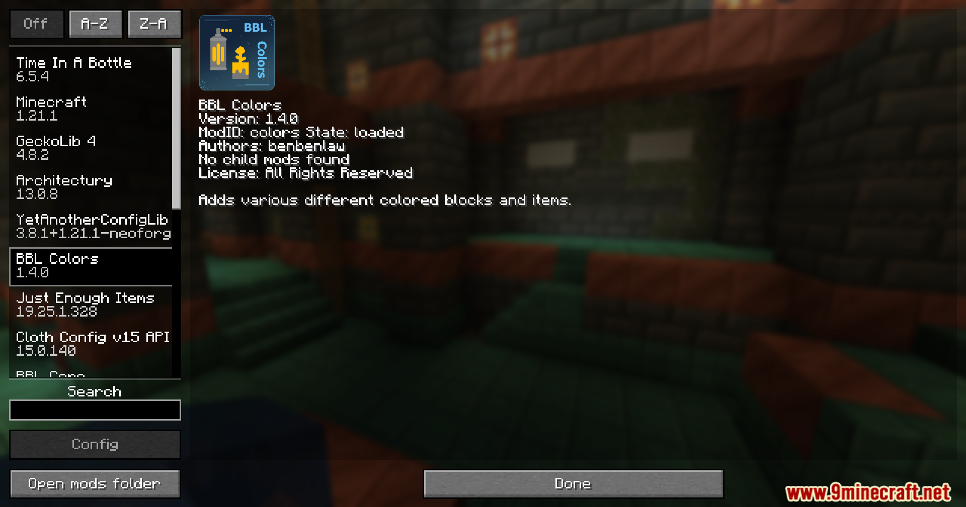 Minecraft mod menu showing BBL Colors mod details and author information