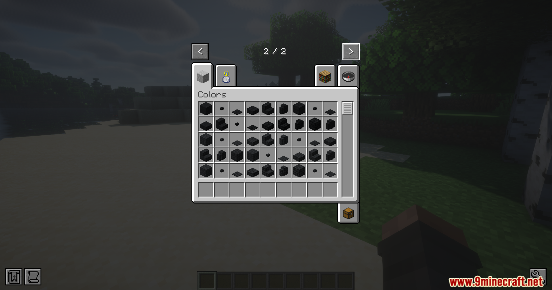 Creative inventory tab showing various dark building blocks and decorative items