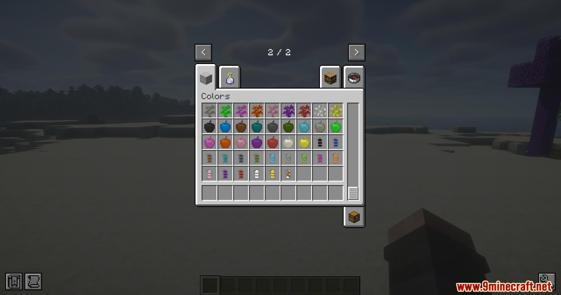 Creative inventory menu displaying colorful saplings and apples alongside various spray cans