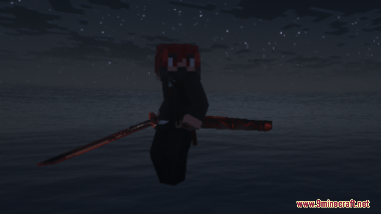 BD&Hill Reforge the Sword Edge Resource Pack Screenshot 1 A Minecraft character wielding a detailed 3D katana with a red sheath