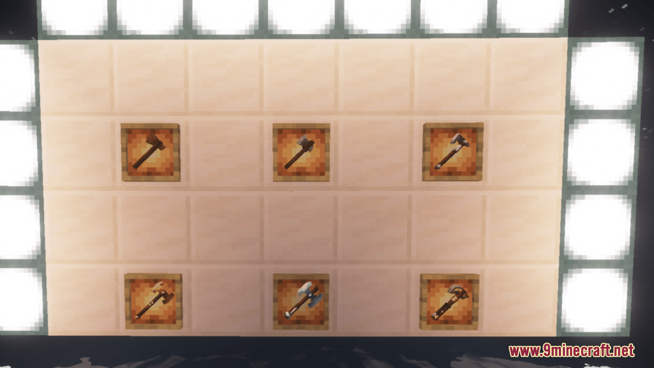 BD&Hill Reforge the Sword Edge Resource Pack Screenshot 10 Six detailed 3D weapon models displayed in item frames on a wall