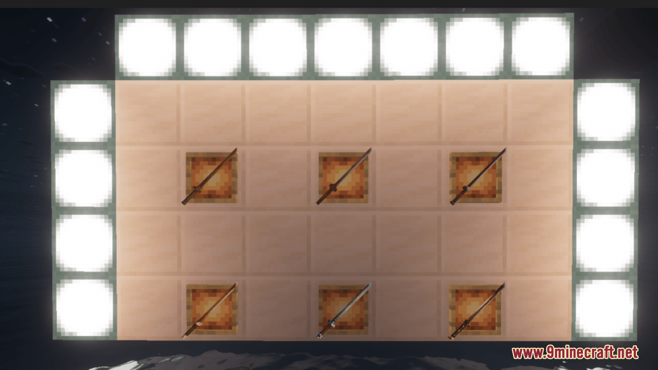 BD&Hill Reforge the Sword Edge Resource Pack Screenshot 2 Six 3D sword models displayed in item frames surrounded by glowing sea lanterns