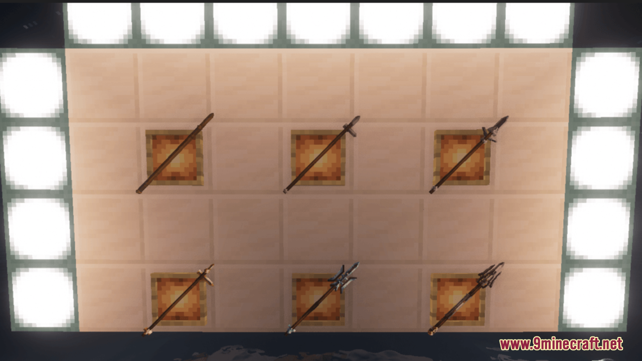 BD&Hill Reforge the Sword Edge Resource Pack Screenshot 4 Various detailed 3D spear models displayed in item frames on a wall