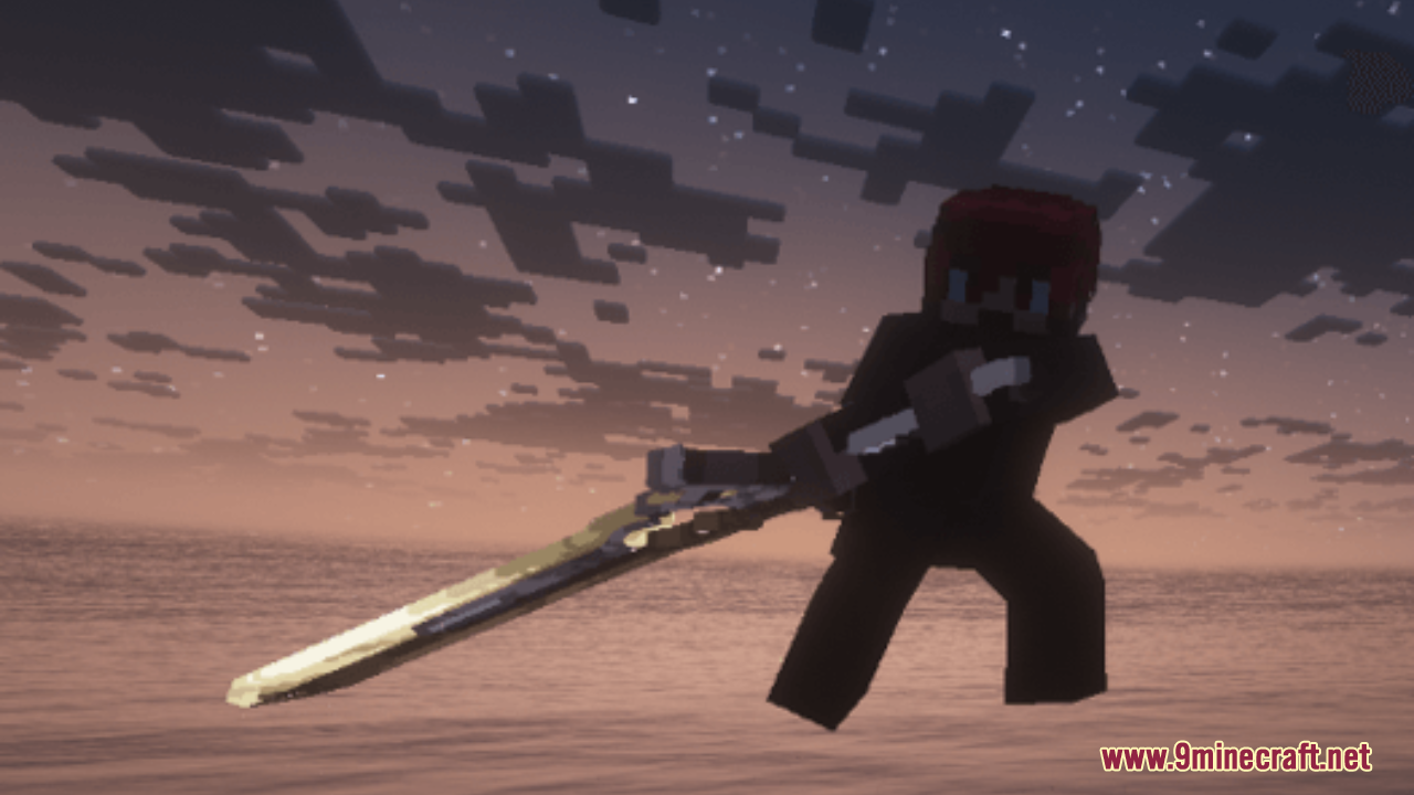 BD&Hill Reforge the Sword Edge Resource Pack Screenshot 5 A Minecraft player wielding a large 3D sword against a sunset sky