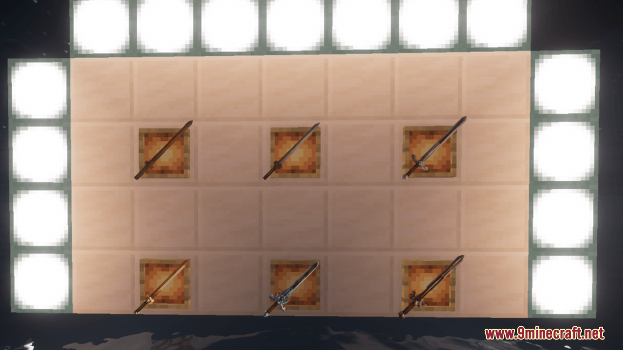 BD&Hill Reforge the Sword Edge Resource Pack Screenshot 6 Six different 3D sword models displayed in item frames on a wall