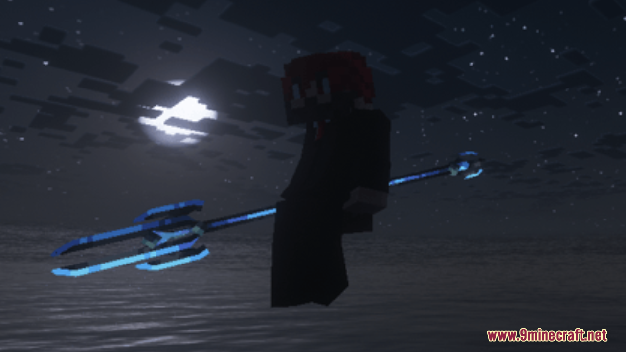 BD&Hill Reforge the Sword Edge Resource Pack Screenshot 7 A Minecraft character holding a glowing blue 3D spear in the night