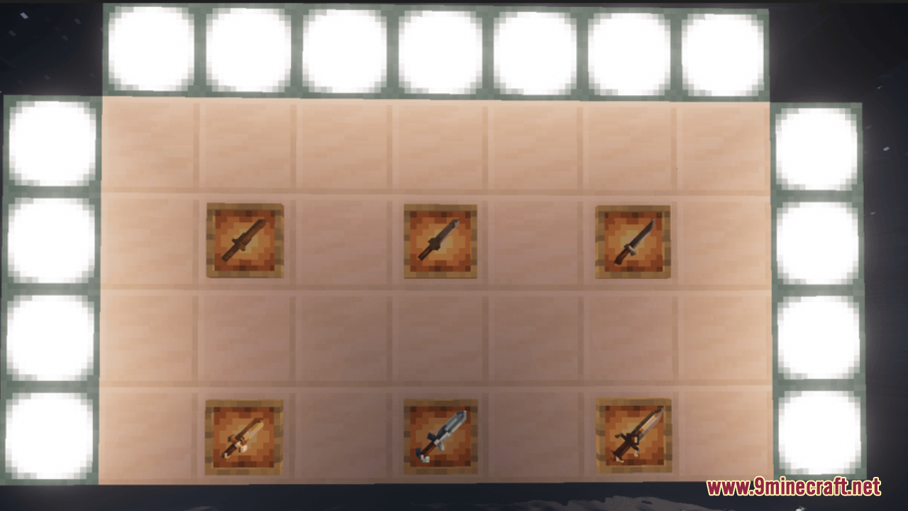 BD&Hill Reforge the Sword Edge Resource Pack Screenshot 8 Various 3D weapon models displayed in item frames on a wooden wall