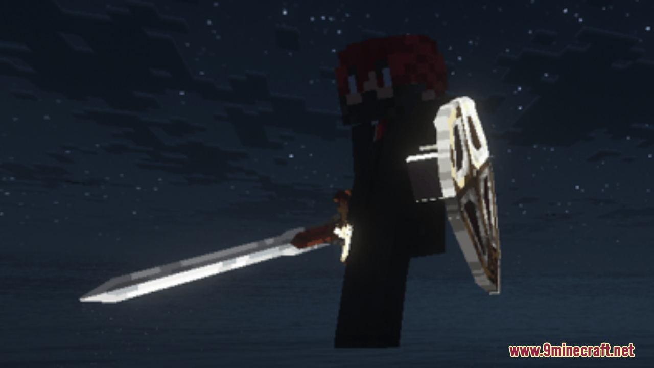 BD&Hill Reforge the Sword Edge Resource Pack Screenshot 9 A player character wielding a glowing 3D sword and shield at night