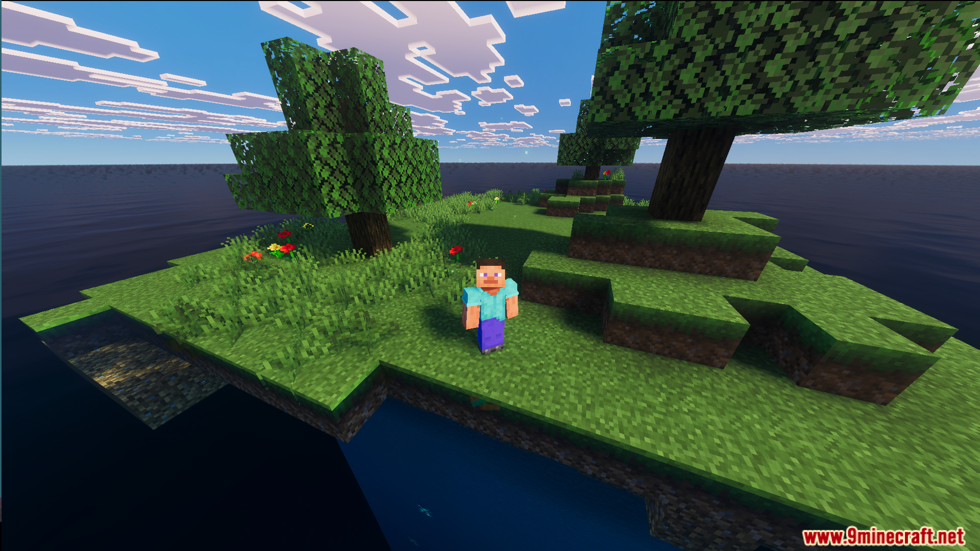 Player standing on a small grassy island with three trees and flowers