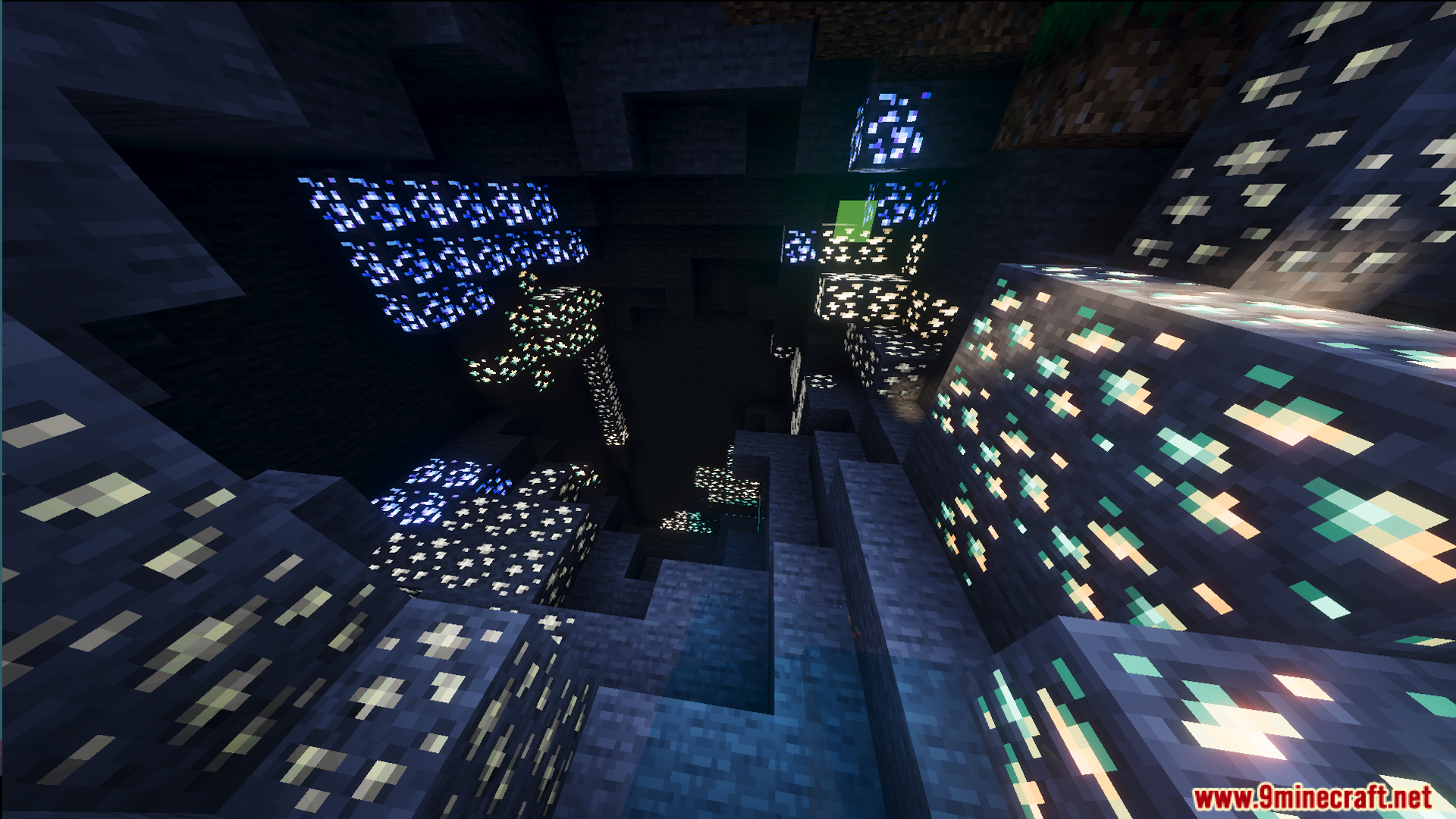 Deep underground cave filled with glowing diamond iron and coal ore blocks