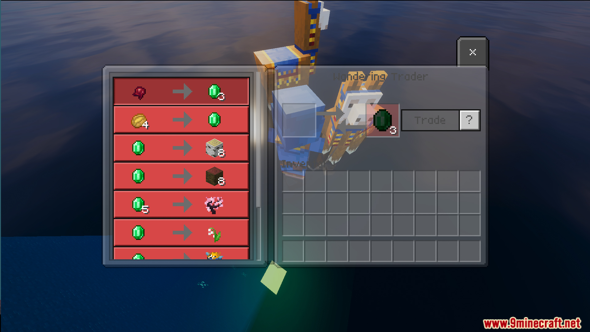 Wandering Trader interface showing trades for cherry saplings and flowers for emeralds