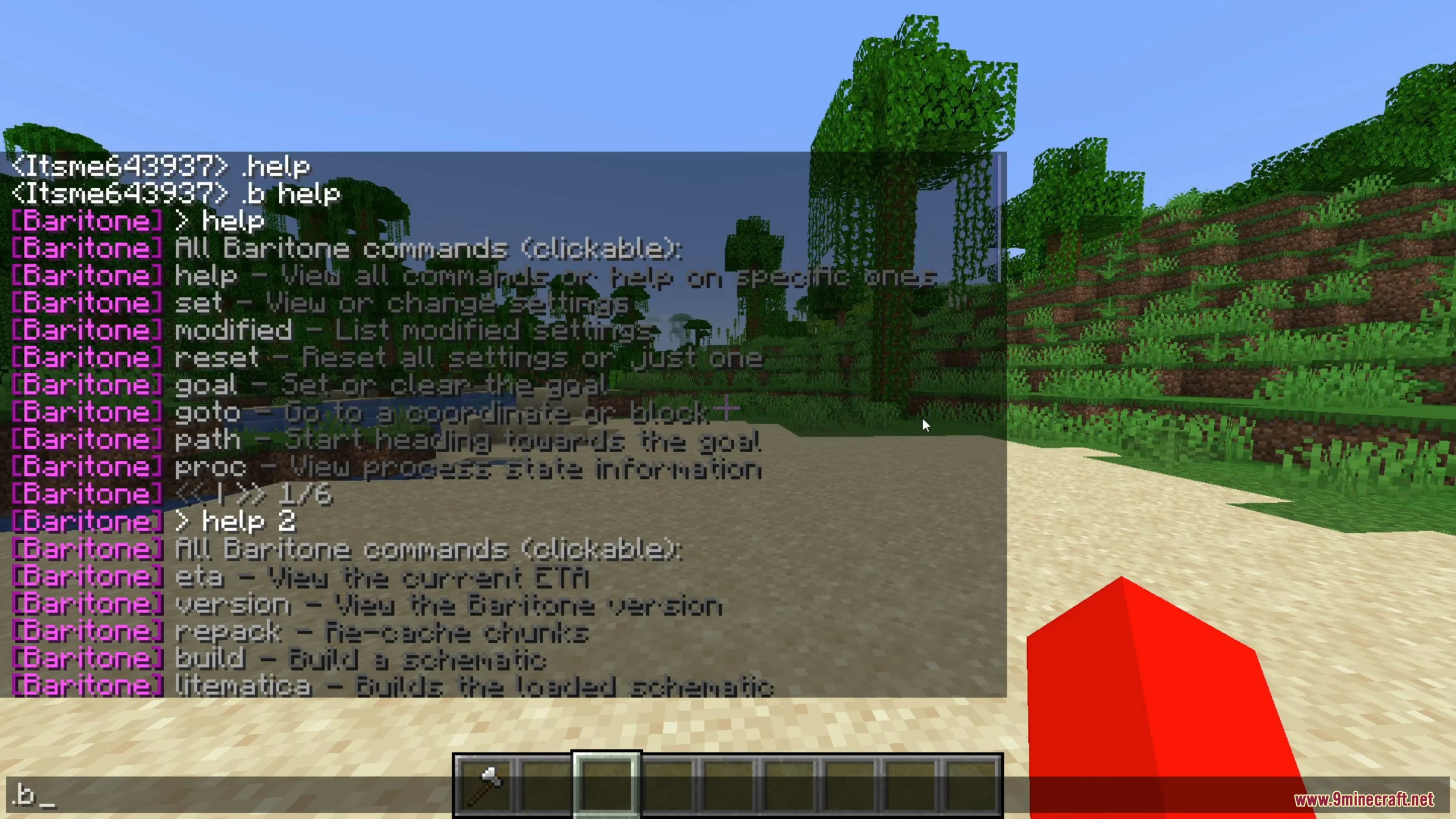 The chat interface displays a list of available Baritone commands.