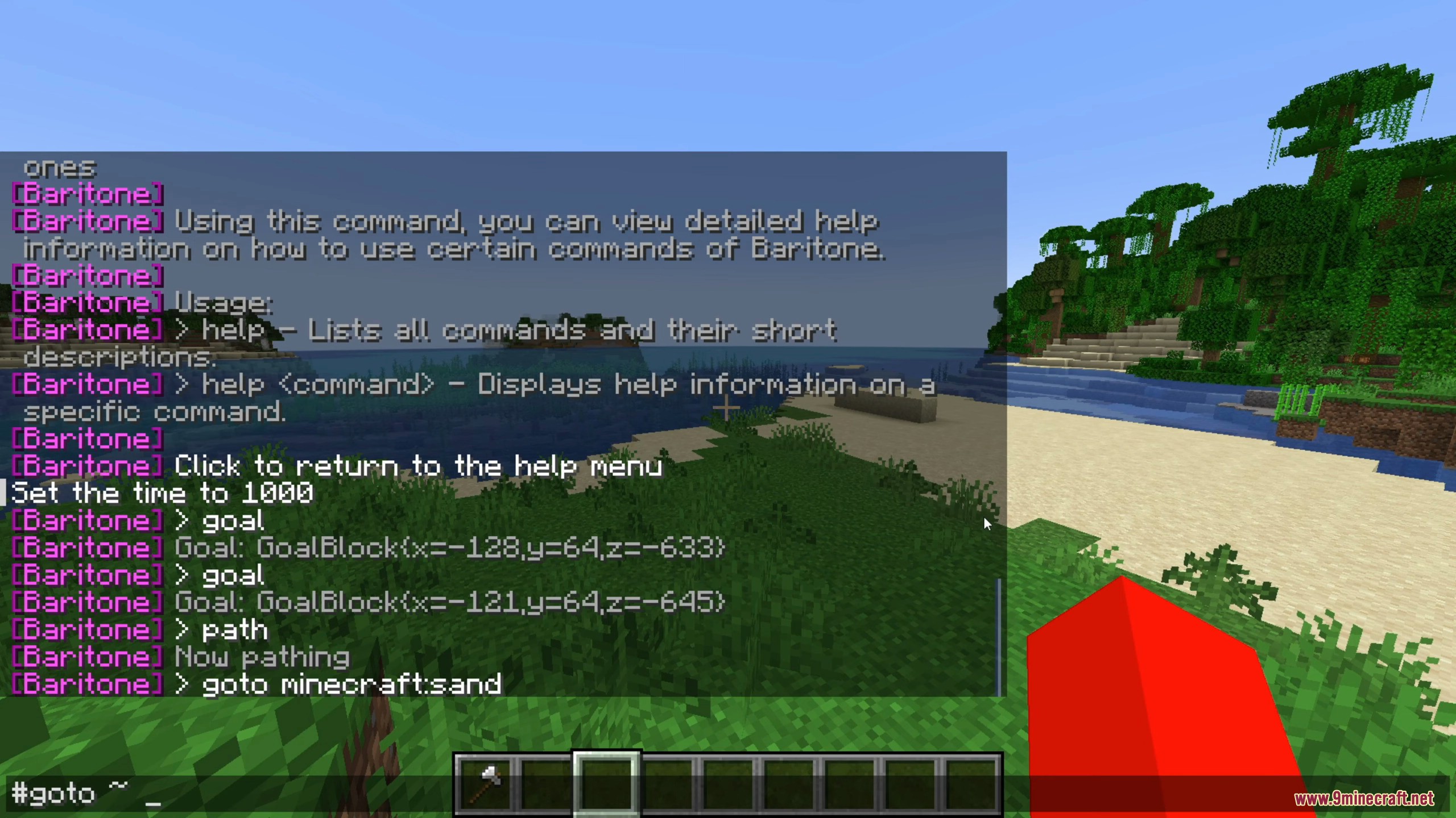 The chat log shows several active navigation commands entered by the player.