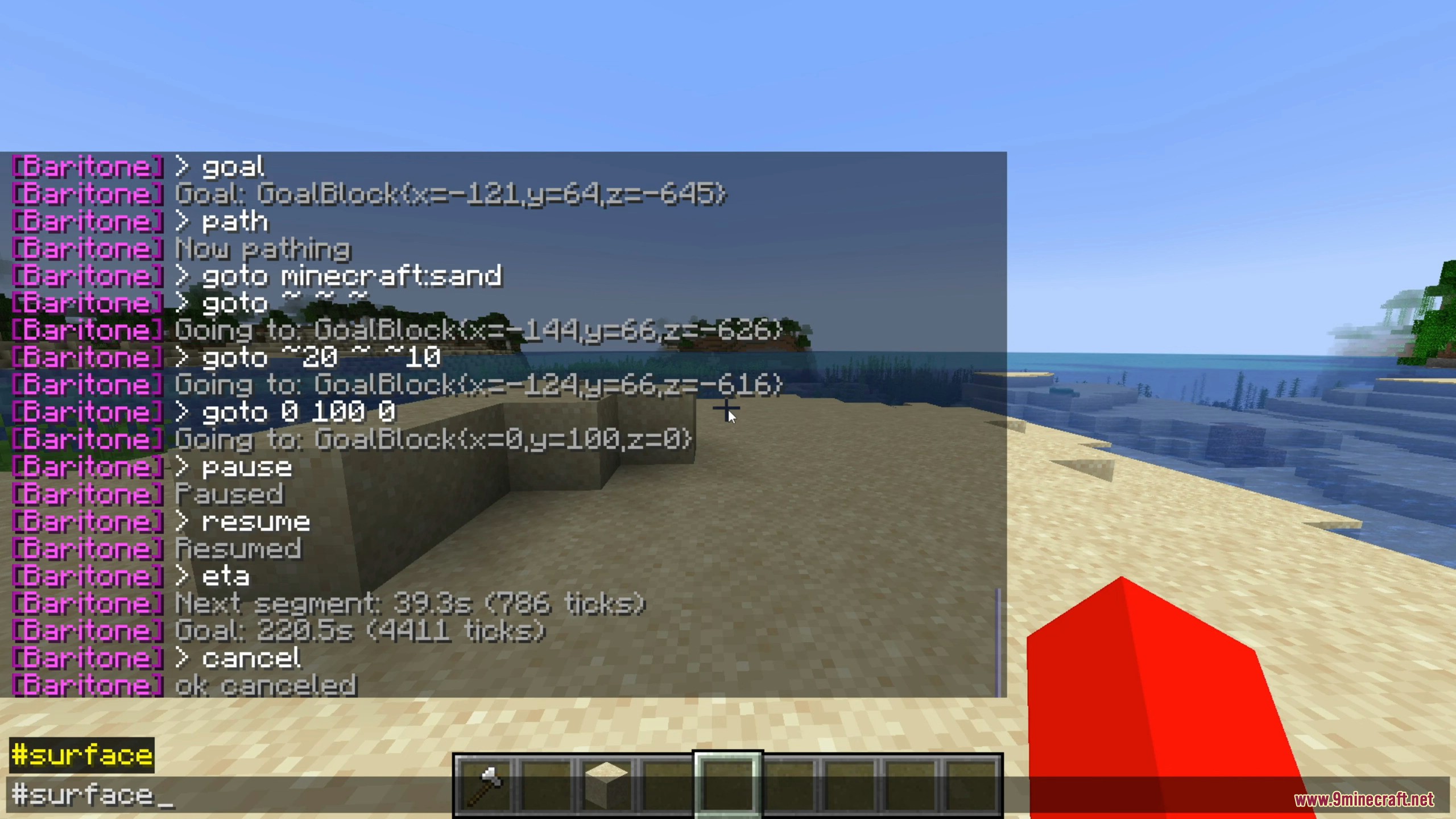 The chat log displays various navigation status and command execution updates.