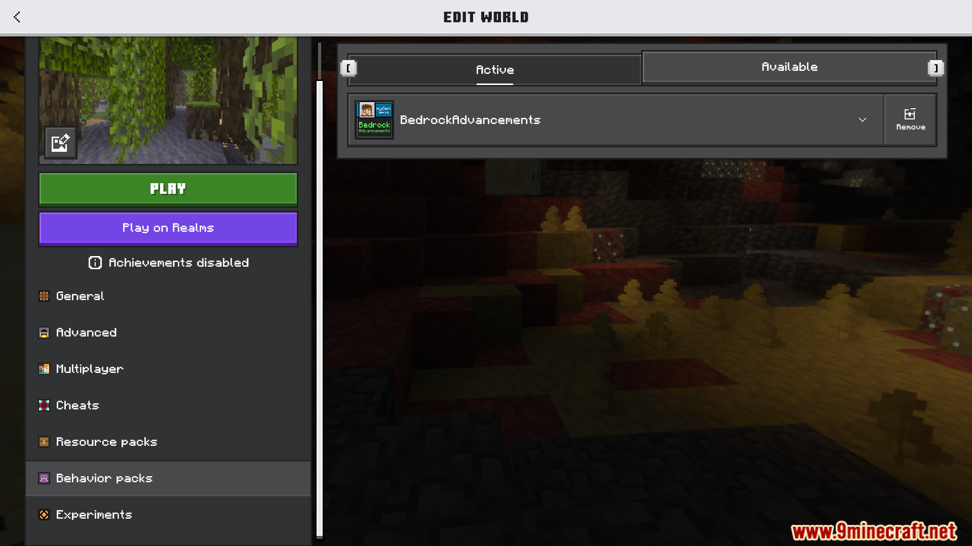 The Bedrock Advancements behavior pack is enabled in the world edit menu