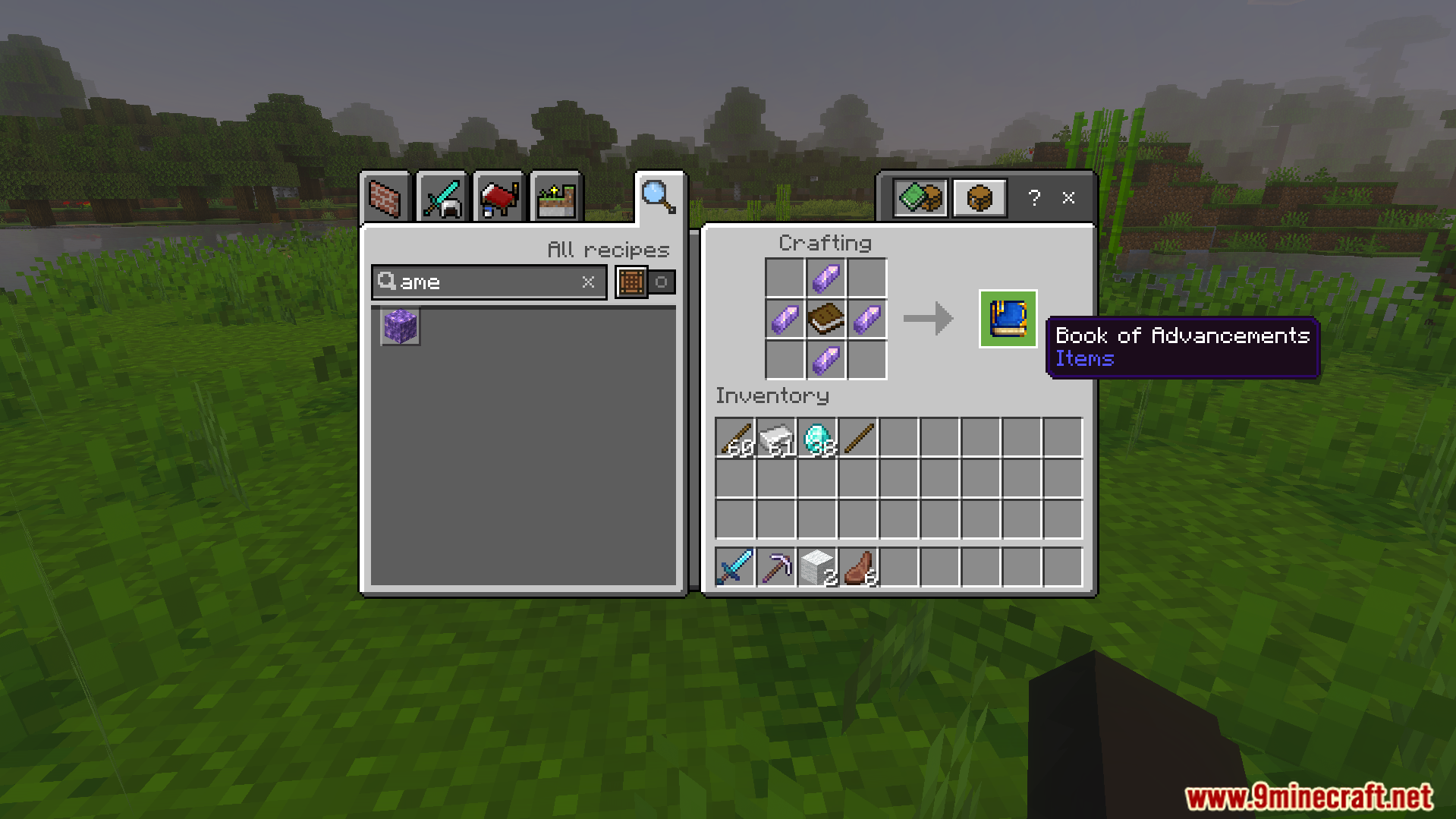 Crafting recipe for the Book of Advancements using amethyst shards and a book