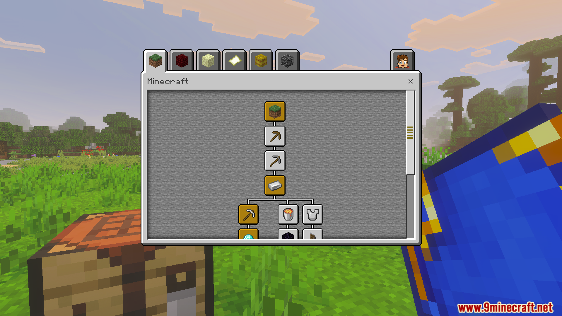 Main menu of Bedrock Advancements Addon showing a progression tree of tasks